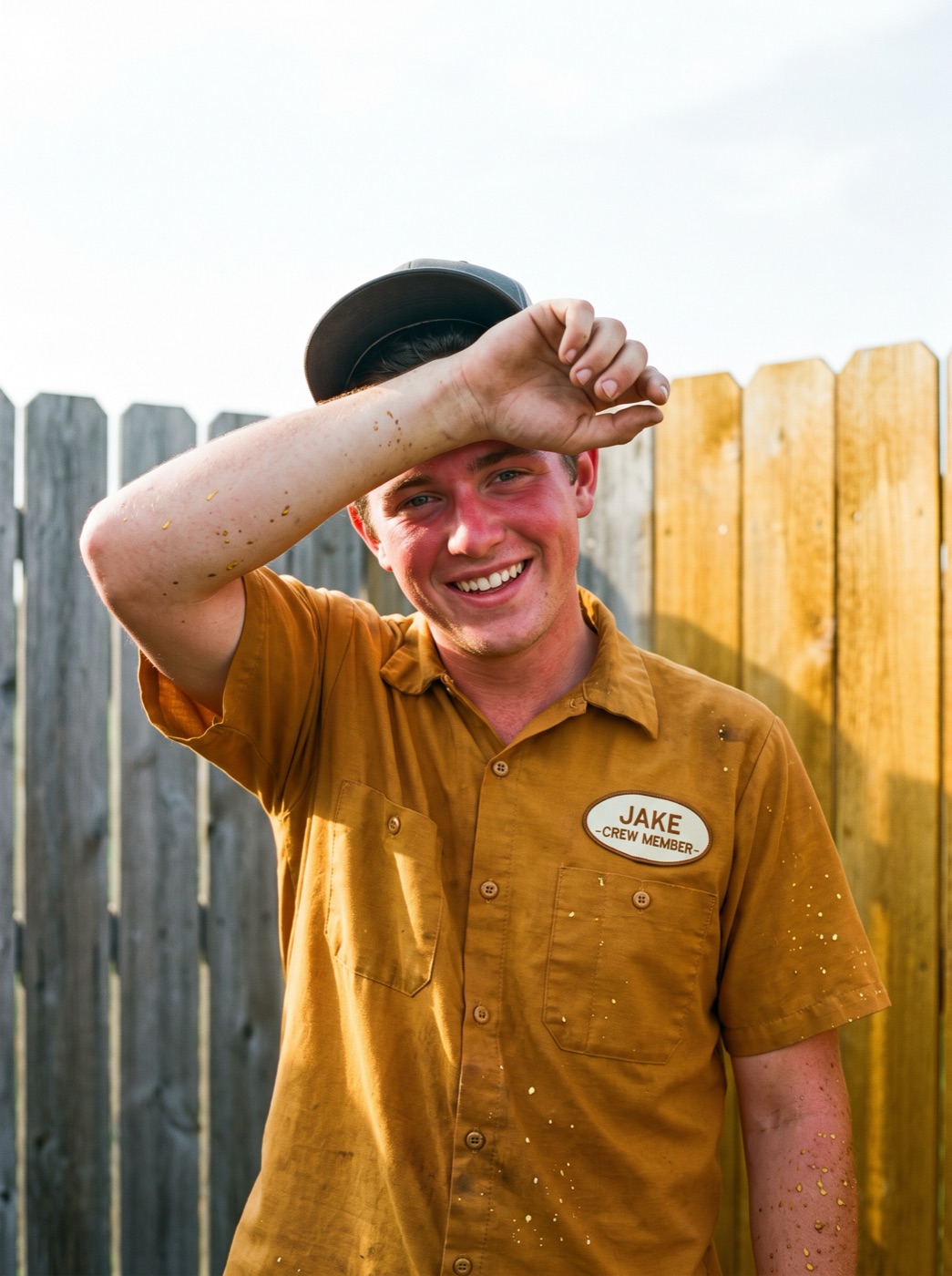 A grinning Goldie's crew member with stain-flecked arms in front of a half-stained fence