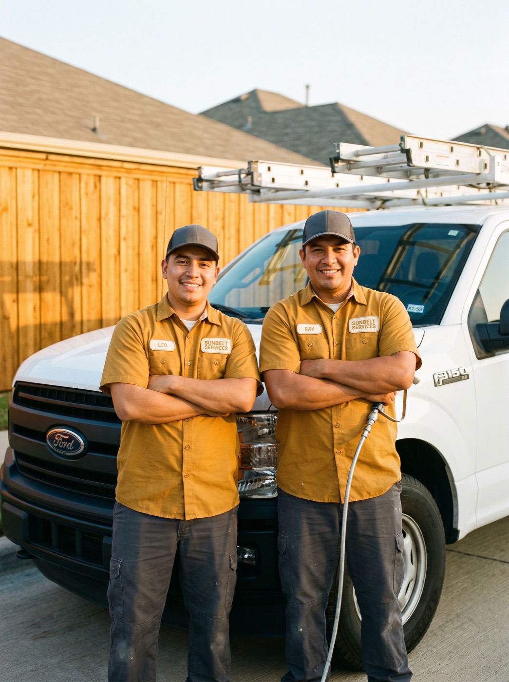 Two Goldie's crew members in gold uniform shirts and charcoal caps beside the work truck