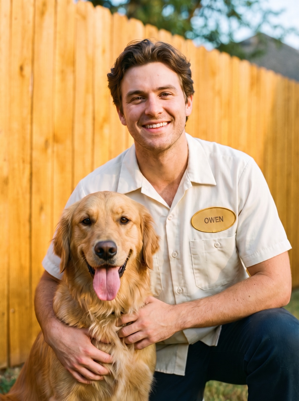 Owen in the cream foreman shirt kneeling with Goldie the golden retriever