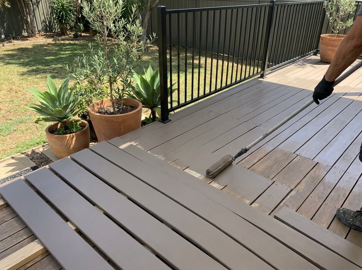 A deck being painted a warm gray-taupe solid color