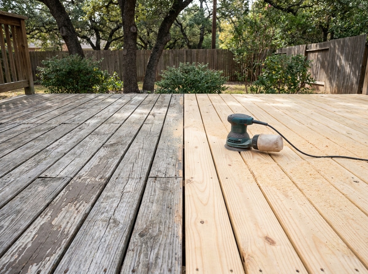 A weathered deck half-sanded back to bright bare wood