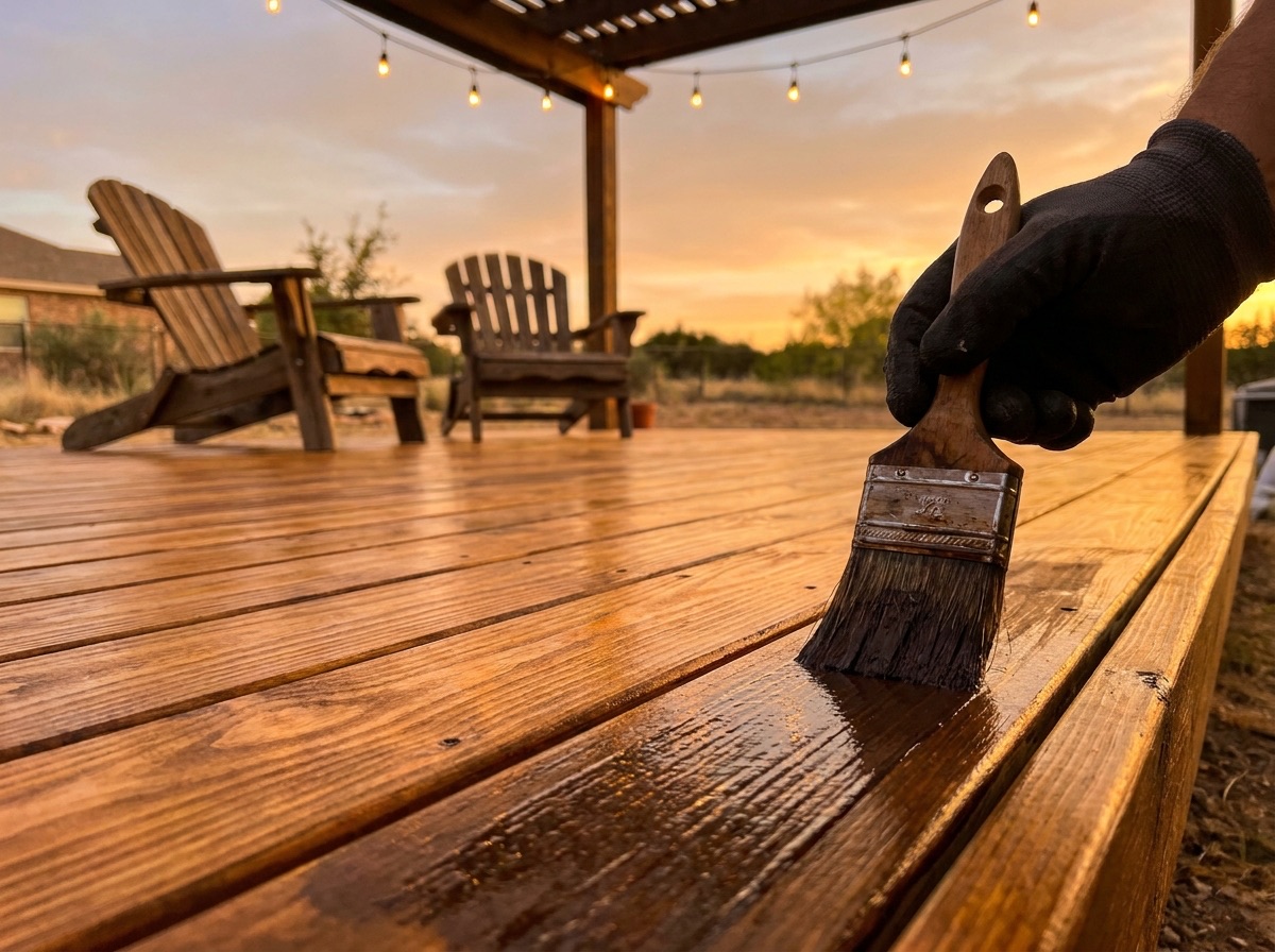 A deck glowing with fresh walnut-amber stain at golden hour