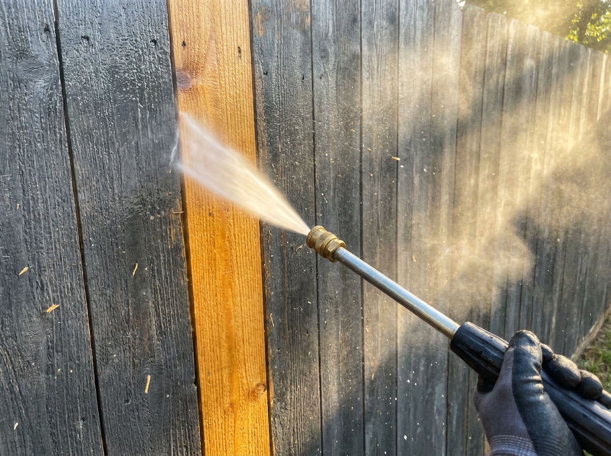 Pressure washing stripping gray weathering off a cedar fence