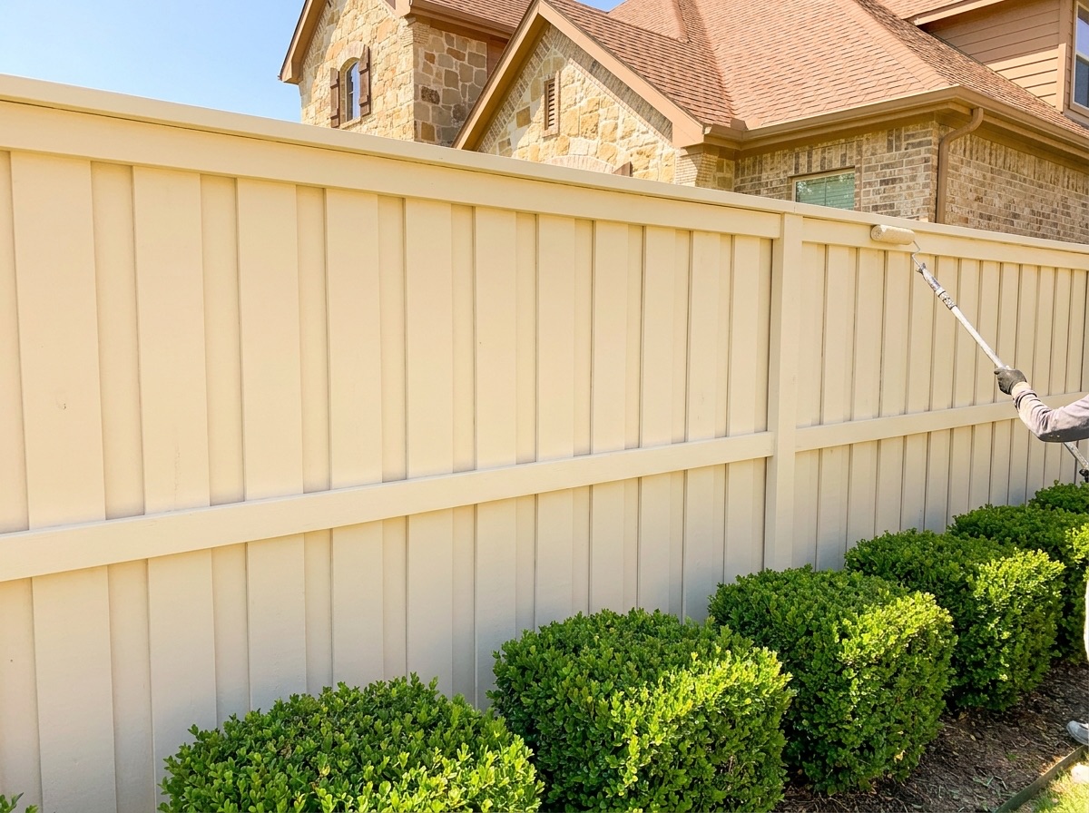 A board-on-board fence freshly painted a warm cream color