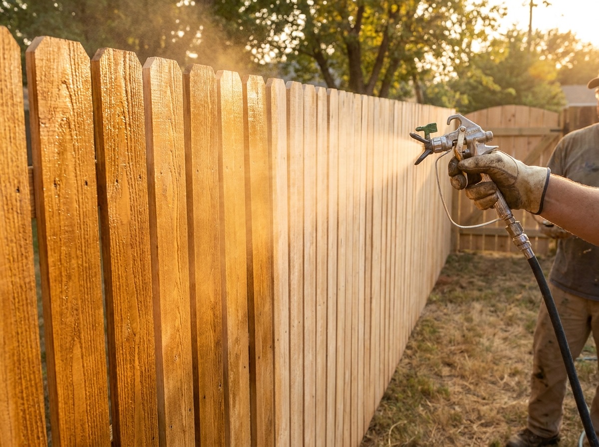 Golden stain being sprayed onto a cedar privacy fence